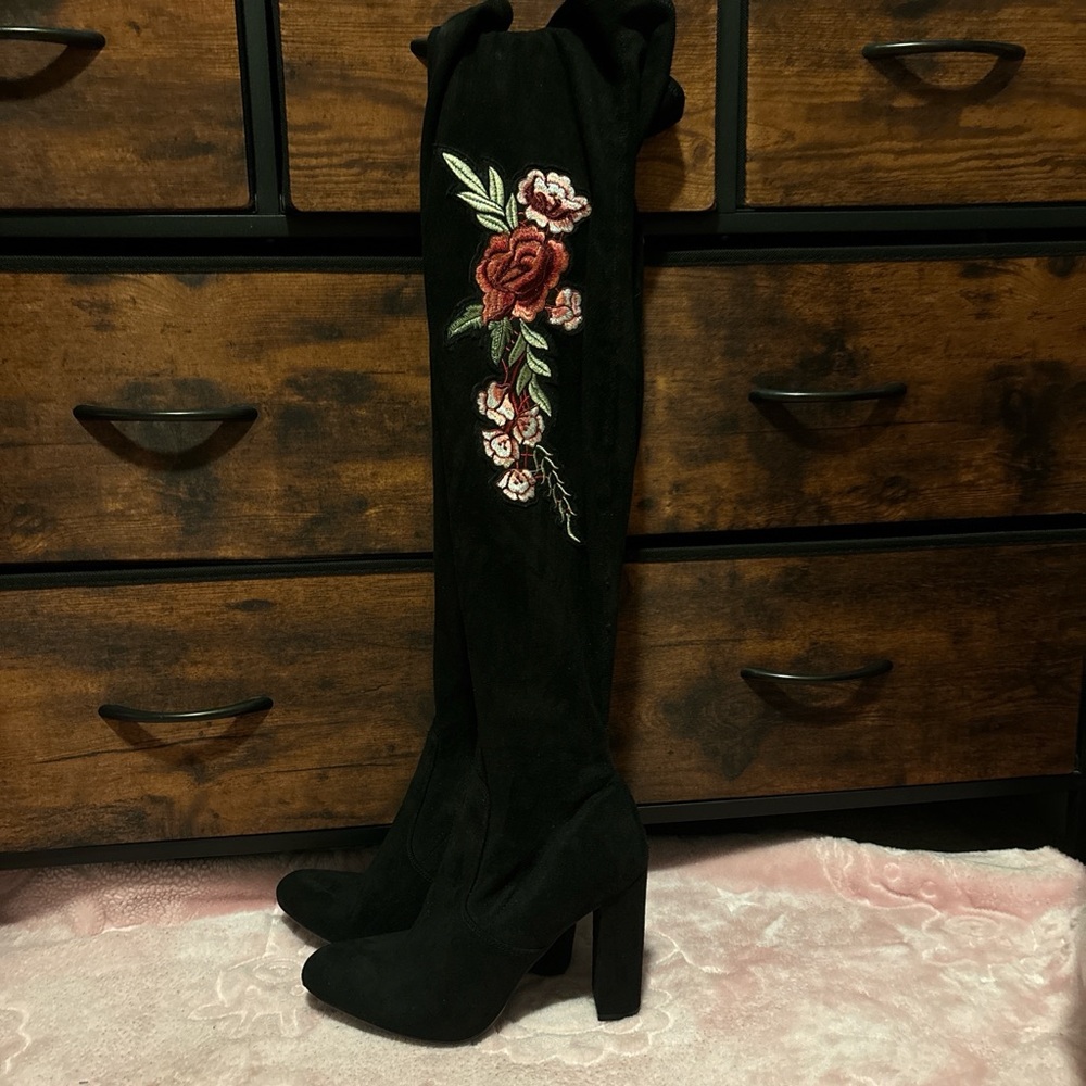 Steve Madden Black Floral Over-the-Knee Boots